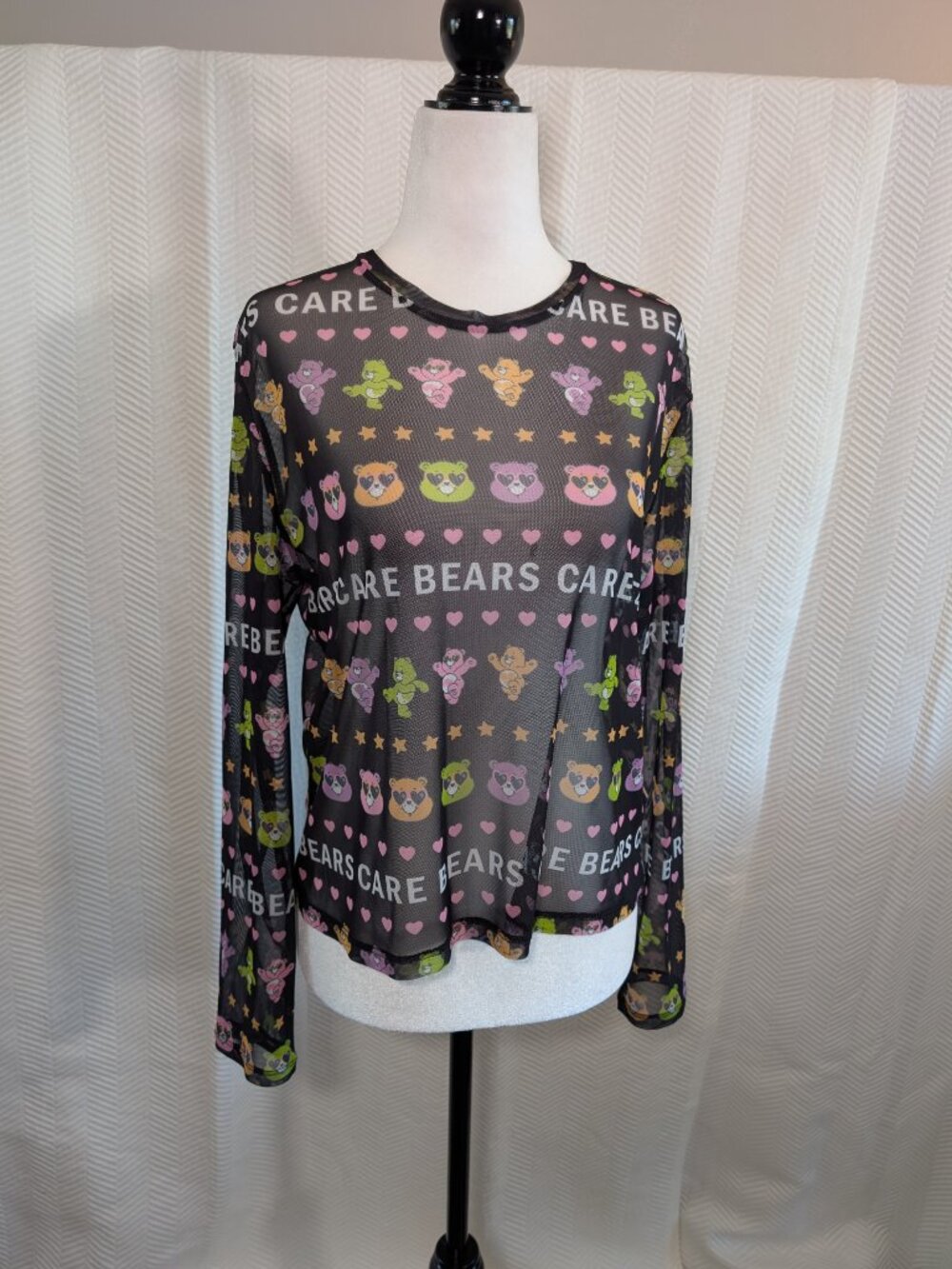 H&M Care Bears Black Mesh Long Sleeve Top Sheer Retro Y2k Size XL Whimsical